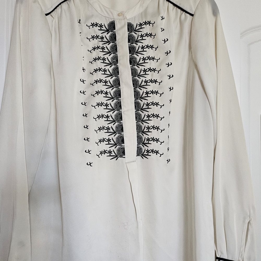 Lucky Brand White Blouse with Black Embroidery